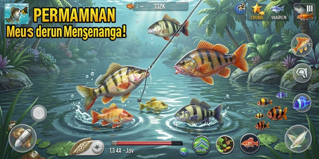 Tampilan gameplay 33ZK dengan aksi memancing yang seru.