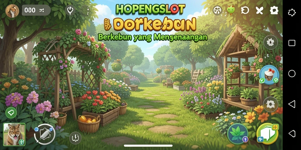 Tangkapan layar gameplay HOPENGSLOT yang menunjukkan kebun penuh warna.
