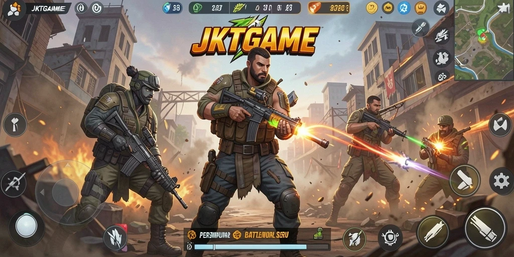Screenshot utama JKTGAME menampilkan aksi pertempuran seru di arena Battle Royale.