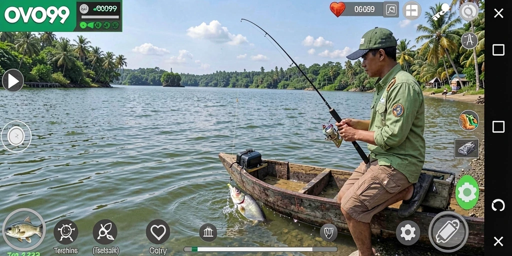 Tampilan gameplay OVO99 saat menangkap ikan di laut.