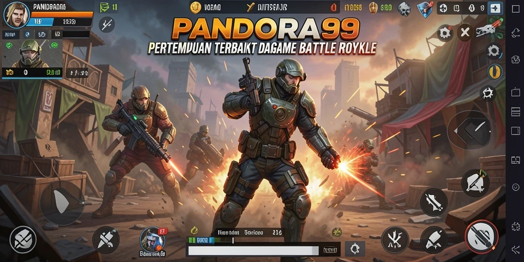 Tangkapan layar utama PANDORA99 menunjukkan aksi pertempuran seru dalam arena Battle Royale.