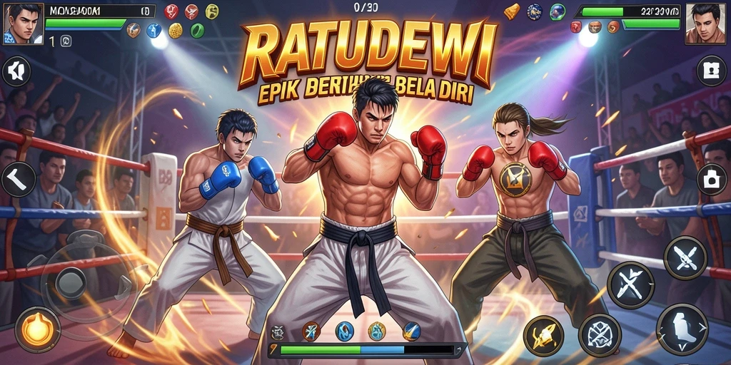 Tampilan gameplay pertarungan epik di RATUDEWI yang penuh aksi.