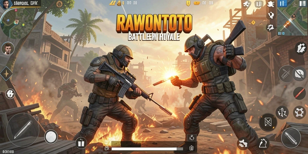Tangkapan layar gameplay seru di RAWONTOTO, menunjukkan aksi Battle Royale.