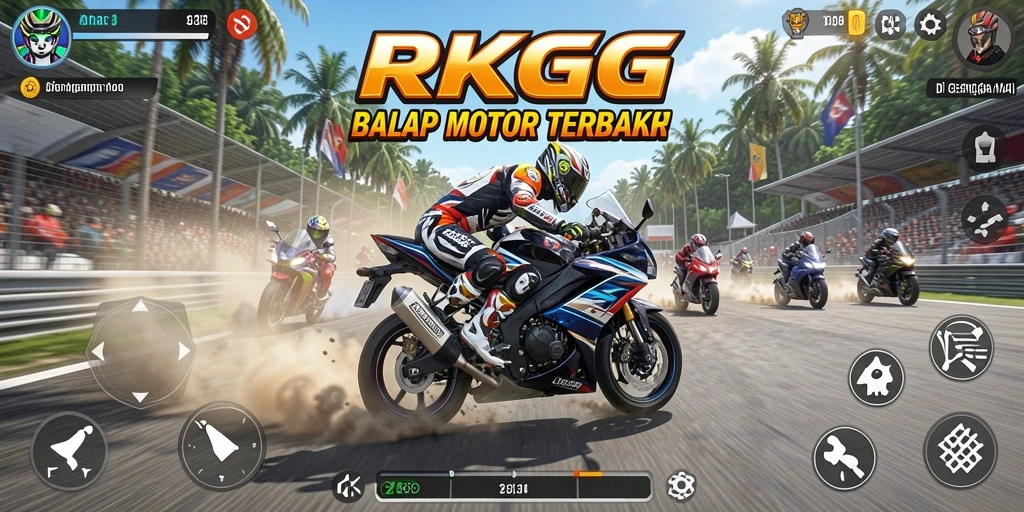 Screenshot utama RKGG menampilkan balapan motor yang intens dan mendebarkan.